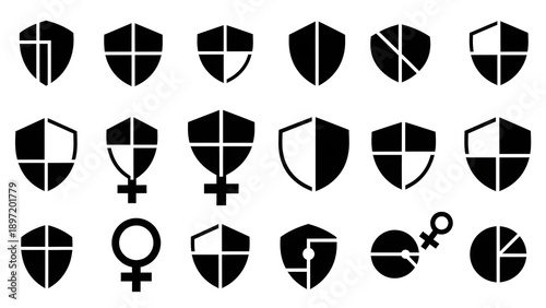Collection of diverse black and white shield icons featuring various geometric divisions and integrated female gender symbols representing protection and security concepts clearly.