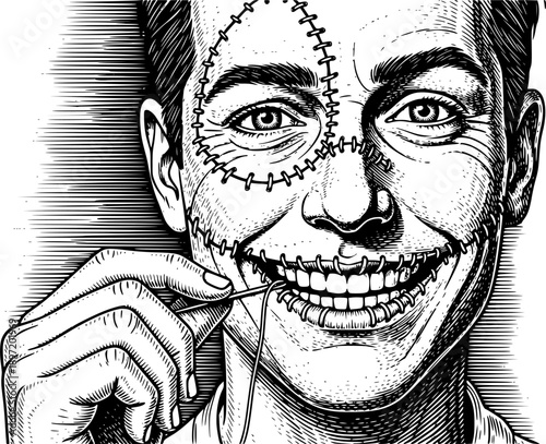 man sewing a permanent smile onto his stitched face, blending themes of identity and facade sketch engraving generative ai fictional character vector illustration. Scratch board. Black and white image