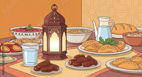 Traditional middle eastern iftar table setting with lantern and assorted dishes on decorated table