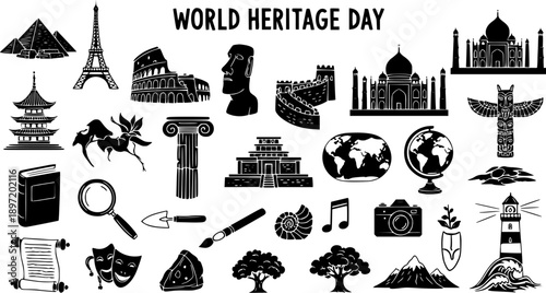 World Heritage Day icons: Ancient monuments, travel, history, culture, education, exploration - Black  White glyph vector