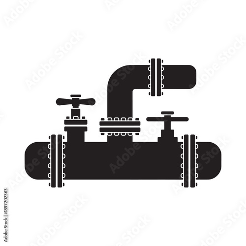 A black and white illustration depicts a section of industrial piping with valves and connections high quality