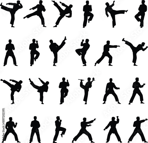 Martial arts silhouettes collection, dynamic fighting stances, karate kung fu taekwondo poses, combat training vector design, cad drawing flat vector illustration