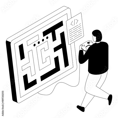 Conceptual glyph isometric design illustration of game coding 