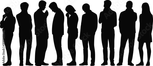 People standing in queue silhouette, waiting line concept, diverse human figures, social behavior, anonymous crowd illustration