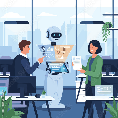 Robot assisting office workers with tasks and documents in a modern workspace environment from a straightforward viewpoint