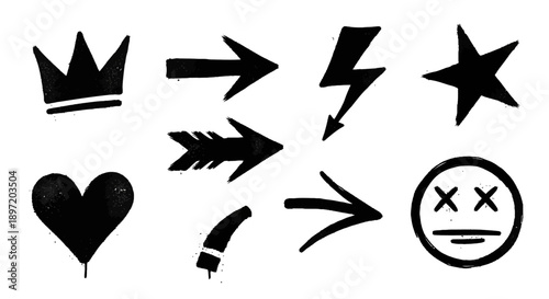 black graffiti style grunge spray paint symbols pack isolated on white for urban design street art and modern graphics.