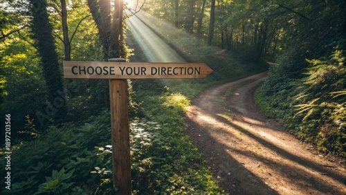 Wooden sign with text on pathway, choosing a direction