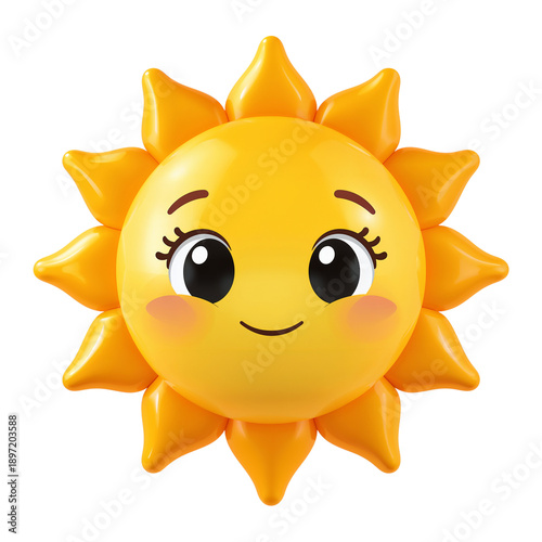 Cheerful 3d yellow sun cartoon character with a bright smiling face and happy sunshine glow represents fun summer weather in this vibrant vector illustration