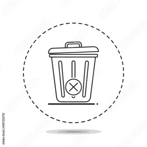Simple line art icon of a trash can with a red 'X' symbol inside, symbolizing deletion or removal, on a white background.