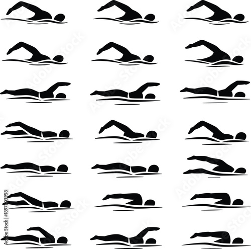 Swimming freestyle stroke silhouettes set, swimmer motion sequence icons, sport training poses collection, aquatic exercise symbols, cad drawing flat vector illustration