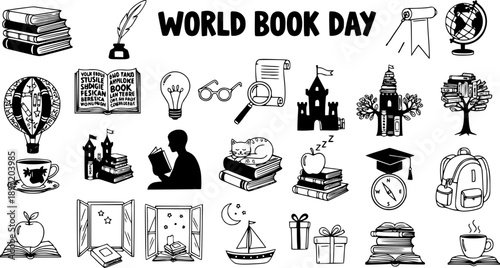 World Book Day celebration with books, castles, globe, hot air balloon - Black and White Line Art