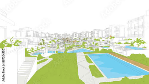 Architectural rendering of a modern residential complex with swimming pools and lush greenery apartment buildings