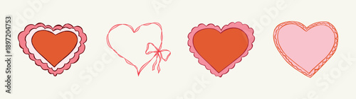 Vintage whimsical pink, red heart collection with lace, bow. Coquette elements for frames, Valentine cards, wedding invitations, birthday, gift wrapping designs. Doodle isolated vector illustration.