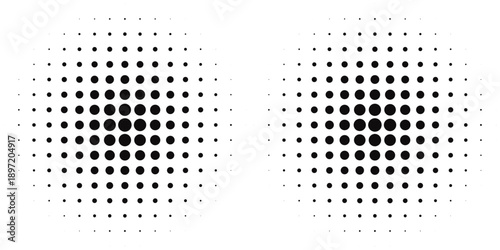 Set of halftone dots gradient pattern texture isolated on white background. Straight dotted spots using halftone circle dot raster texture.
