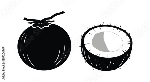 A whole and halved coconut depicted in a striking silhouette