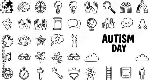 Black and White Line Art Hand-drawn Icon Set for Autism Day Awareness, Neurodiversity Support, and Special Needs Education