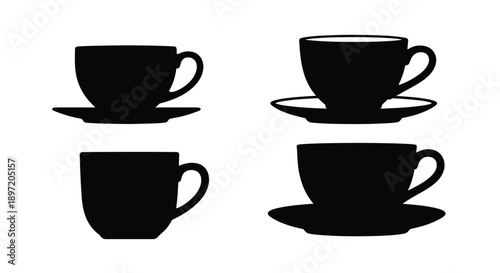 Four black teacups and saucers presented in a clean silhouette