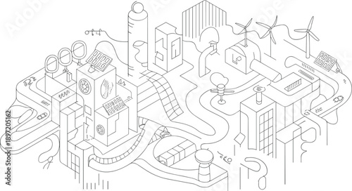 Detailed isometric of a futuristic eco-city with renewable energy and transportation systems eco city