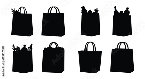 Six black paper bags filled with groceries a striking silhouette