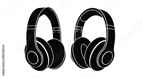 Two pairs of over ear headphones displayed in a stark silhouette