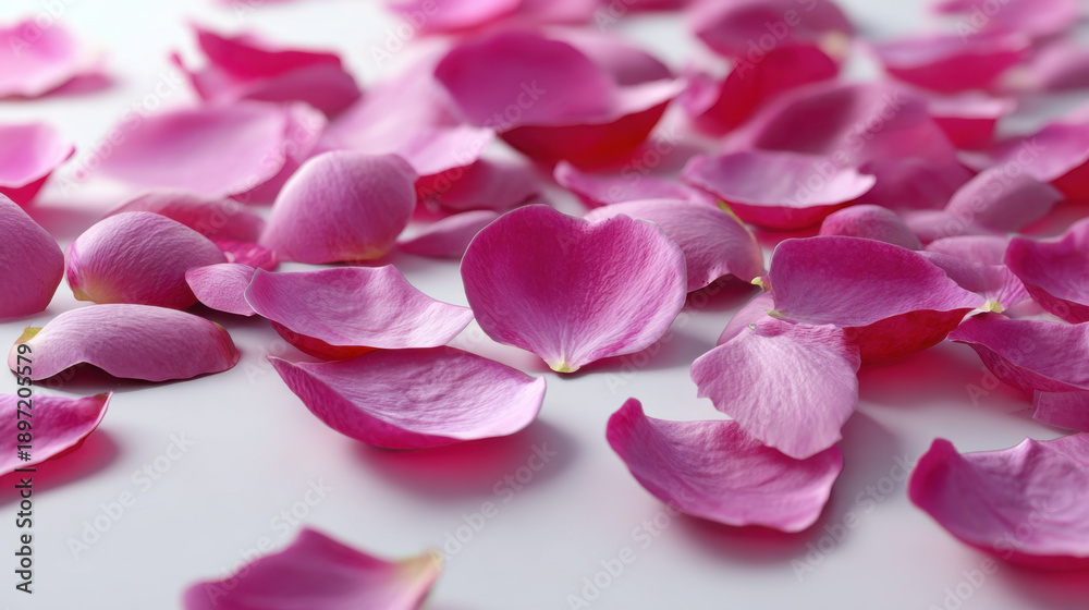 Obraz premium Rose petal pink flower background white surface macro with scattered floral texture, soft light, romantic mood for wedding invitation, spa beauty design