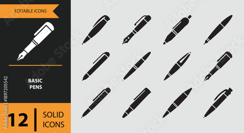 A versatile collection of 12 solid basic pen vector icons for design and stationery applications