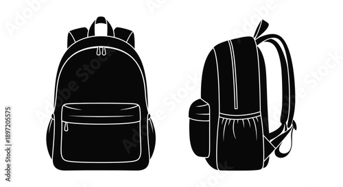 Two views of a black backpack front and side in silhouette