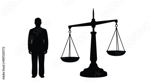 A person stands beside scales of justice a stark silhouette