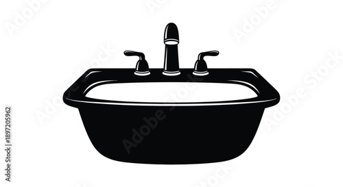 A black bathroom sink and faucet presented as a dramatic silhouette