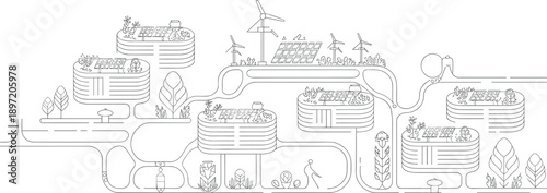 Eco-friendly urban farming concept with tiered structures, solar panels, wind turbines, and stylized plant life in a linear