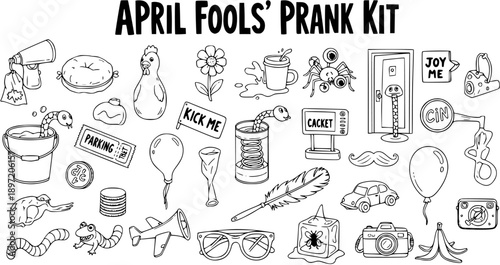 April Fools' Prank Kit Black and White Line Art. Hand-drawn Doodle Collection of Funny Gag Gifts, Novelty Items, and Practical Joke Toys for Humor and Fun