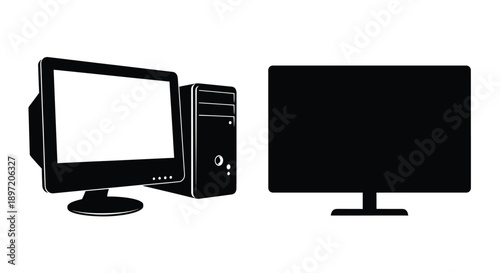 Computer setup with monitor tower and flat screen a stark silhouette