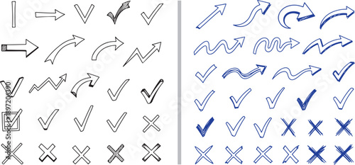 A professional set of hand-drawn vector icons in black and blue ink. Features various checkmarks, crosses, and wavy arrows ideal for validation and process flow designs.