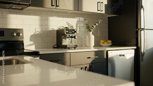 Modern Kitchen Interior With Sleek Appliances Bathed In Warm Sunlight