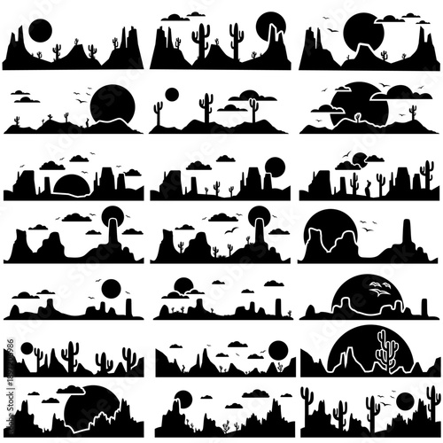 Desert vector icon set. Mountain landscape Illustration sign collection. Mountains symbol or logo.