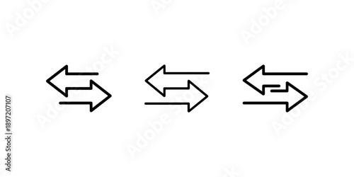 Set of three black line icons depicting the concept of data transfer financial transaction or content exchange using two overlapping arrows pointing in opposite directions isolated symbol