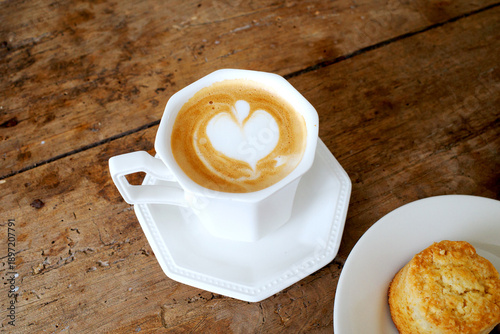 korea cafe latte cup of hot coffee with cookies scone