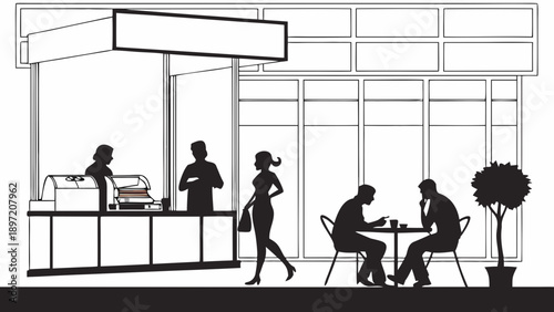 Black and white illustration of people sitting at a table outside a cafe