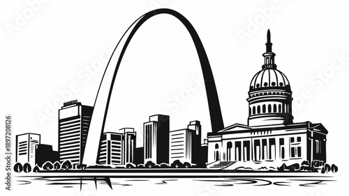 Black and white illustration of st louis city skyline with gateway arch and capitol building