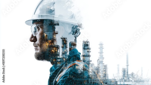 Portrait of a person in safety gear overlaid on an industrial plant, conveying expertise and industry