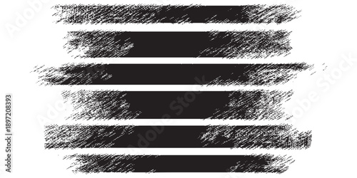 Set of six black grunge brush stroke elements on a white background.