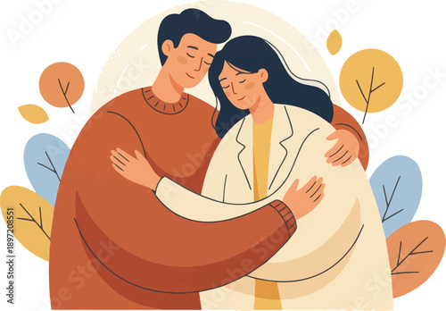 A heartwarming illustration of a loving couple embracing each other with comfort and care
