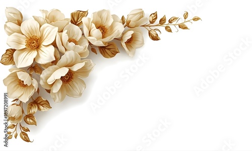 A delicate floral arrangement of white and golden flowers on a white background