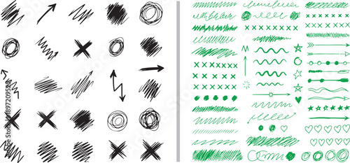 A comprehensive set of hand-drawn vector elements featuring black ink scribbles and green textured marks, including arrows, stars, hearts, and various crosshatch patterns in a raw sketch style.