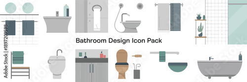 A collection of bathroom design icons featuring various fixtures and accessories