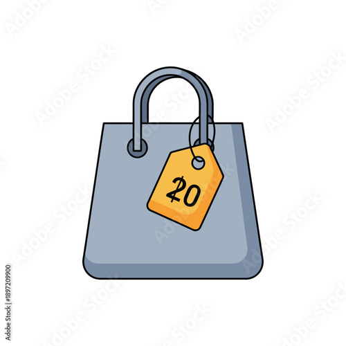 Shopping bag icon with a price tag indicating a value of twenty, representing retail and commerce transactions, perfect for e-commerce and sale promotions