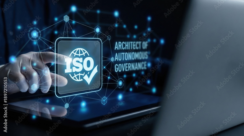 Fototapeta premium Business Professional Conducting ISO Certification Validation Using Interactive Digital Interface and Futuristic Network Graphics for Enhanced Compliance and Operational Efficiency