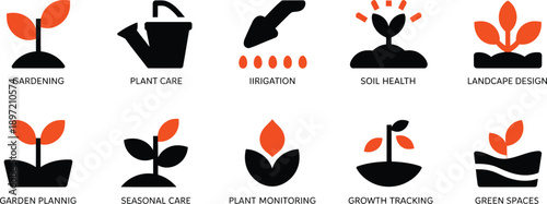Gardening and Plant Care Icons Set for Landscaping and Garden Planning