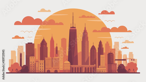 Cityscape with Skyscrapers and Sunset.