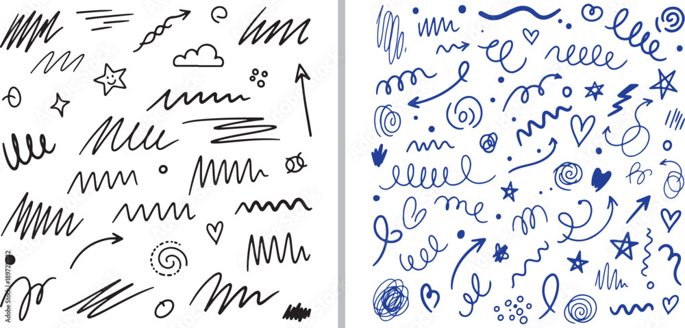 Obraz premium A diverse collection of hand-drawn vector elements featuring expressive black scribbles and vibrant blue doodles, including spirals, hearts, stars, clouds, and varied energetic line marks.